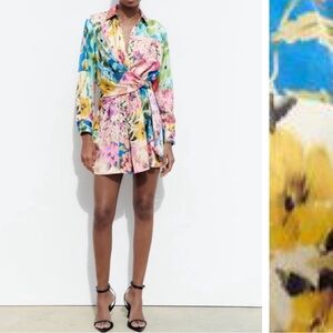 Zara watercolor, floral satin shorts, playsuit romper dress S